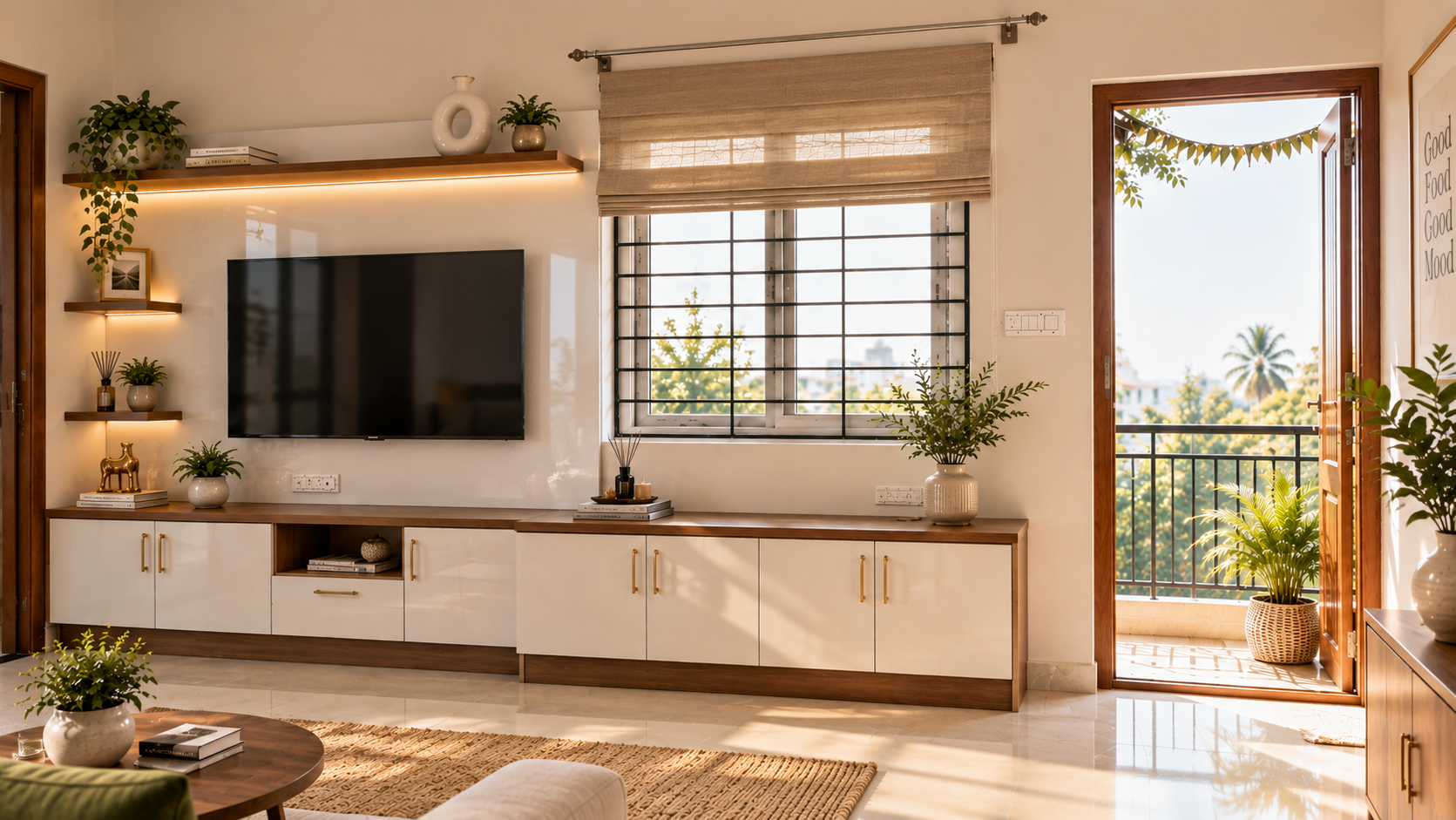 Kiran project TV unit with white storage cabinets and display shelves