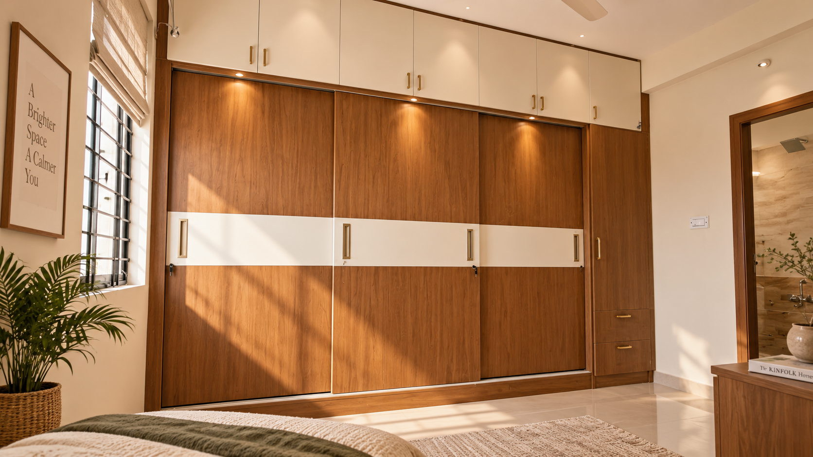 Kiran project master bedroom wardrobe with wood-toned and white panels