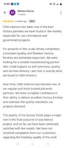 Google review from Mohan Kumar for CMS Interiors
