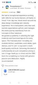 Google review from Praveenkumar S for CMS Interiors