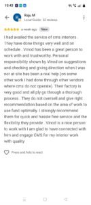 Google review from Raju M for CMS Interiors