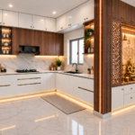 warm modern kitchen with puja unit