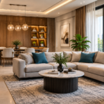 Modern living and dining interior designed by CMS Interiors in Bengaluru