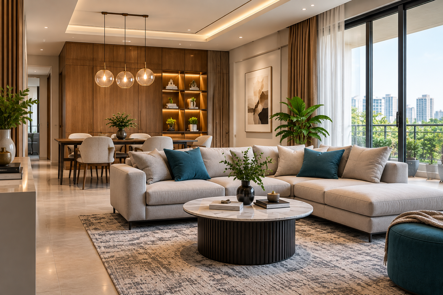 Modern living and dining interior designed by CMS Interiors in Bengaluru